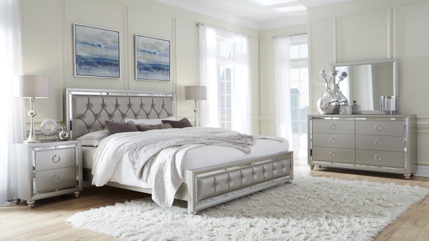 silver nightstand and dresser set Contemporary Silver Finish Bedroom Set 4pc Queen Bed Button-Tufted Headboard Nightstand Dresser Mirror