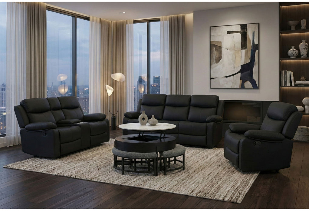 T42 - 4 Piece Living Room Set (Coffee Table With 3 Stools) - Black / Dark Grey