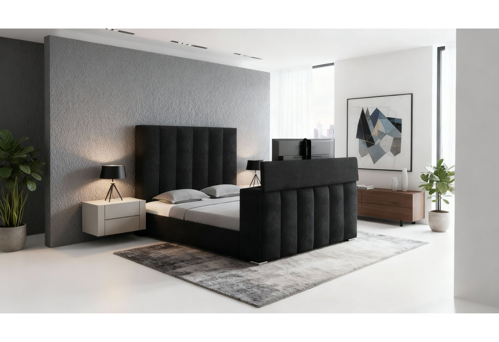 Serenity - King Bed With Speaker, TV Lift, And Fireplace - Onyx