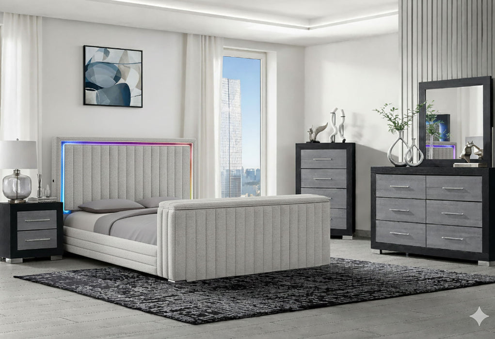 Elias - King Bed With Immersive Sound Speaker, LED, TV Lift, And Fireplace - Gray