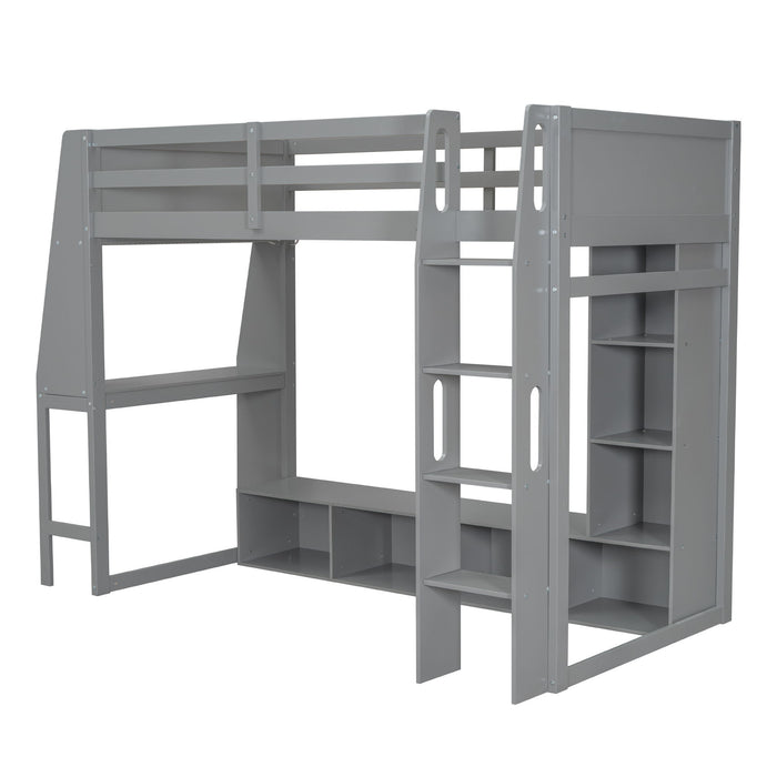 Gaming Loft Bed With Desk, Multi Storage Shelves, LED Lighting, And Hanging Clothes Rack
