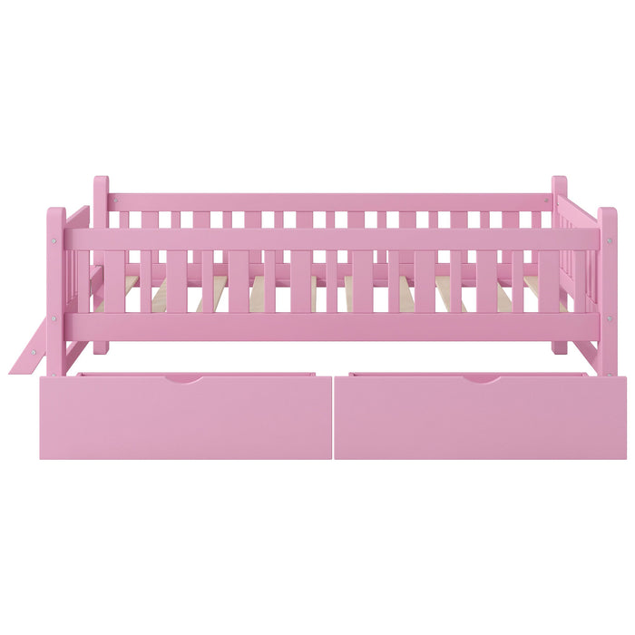 Platform Bed With Guardrail And 2 Drawers