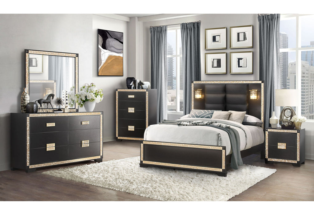 Blake - 6 Piece Queen Bedroom Set (Bed, Dresser, Mirror, 2 Nightstands, Chest) - Black / Gold - Albert's Furniture (Wayne, MI)