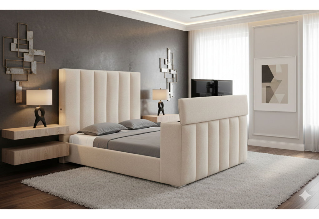Serenity - Queen Bed With Speaker, TV Lift And Fireplace - Cream