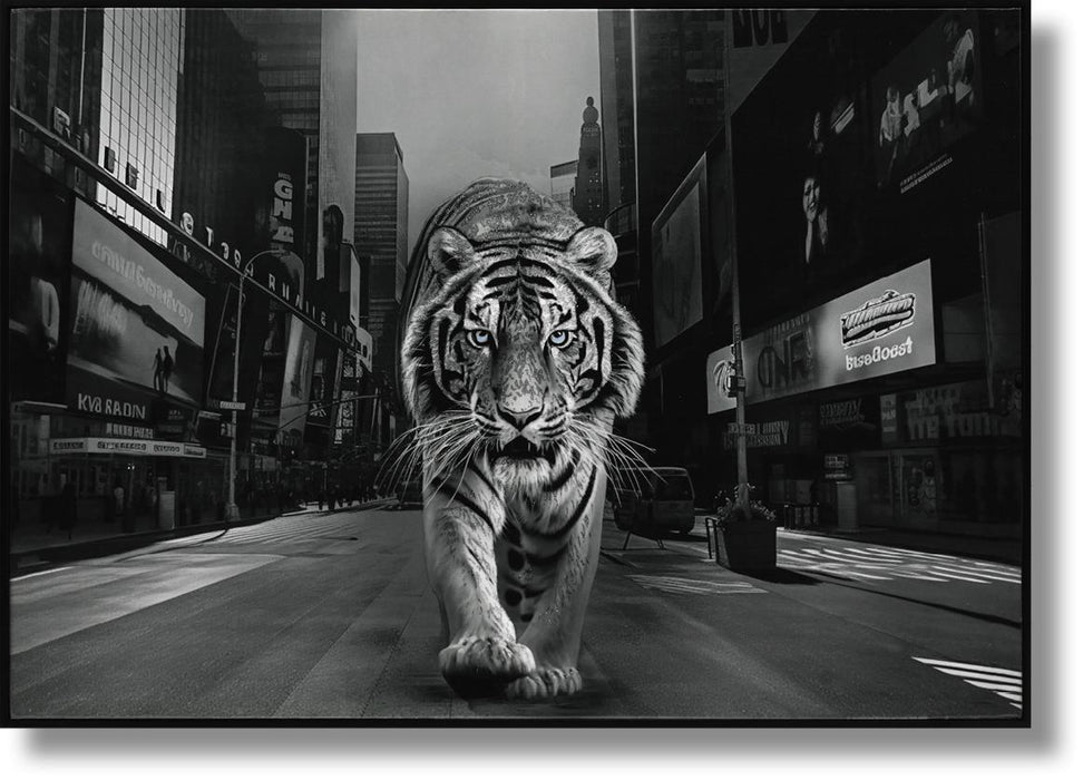 Glossy Painted Framed Canvas - Tiger Of The City - Dark Gray