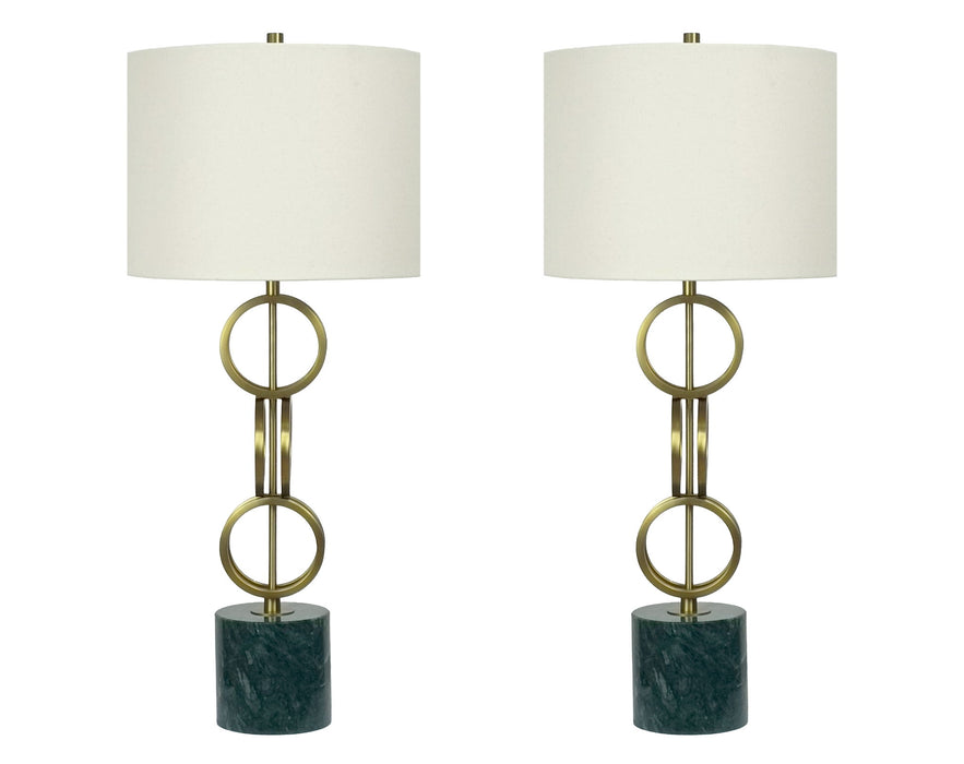 "Marble Harmony" Metal Table Lamp On Marble Base (Set of 2) - Green Marble / Matte Golden Bronze