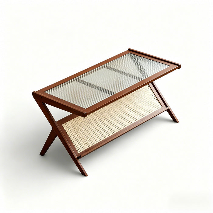 Rattan Coffee Tables For Living Room, Mid Century Modern Coffee Table With Glass Top, Large Boho Center Table With Storage - Brown