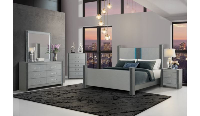 Logan - 5 Piece Queen Bedroom Set With LED And Speakers - Silver Logan - 5 Piece Queen Bedroom Set With LED And Speakers - Silver