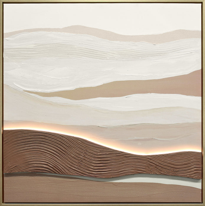 "Desert Glow II" Hand-Embellished LED In Frame - Beige / Brown / White