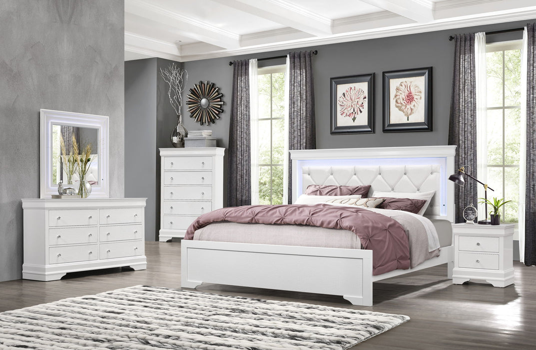 Pompei - 4 Piece King Bedroom Set (Bed With LED, Dresser, Mirror, Nightstand) - White - Albert's Furniture (Wayne, MI)