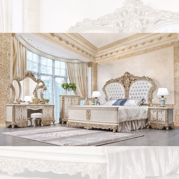 HD-9102 - 5 Piece Bedroom Set - Champagne With Ivory Marbling