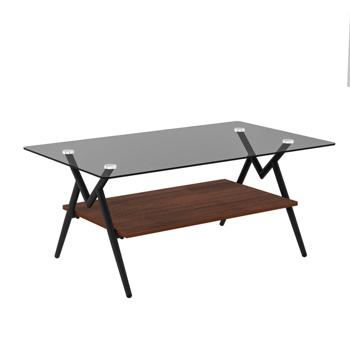 Rectangle Coffee Table With Tempered Glass Top And Shelf, Modern Table For Living Room