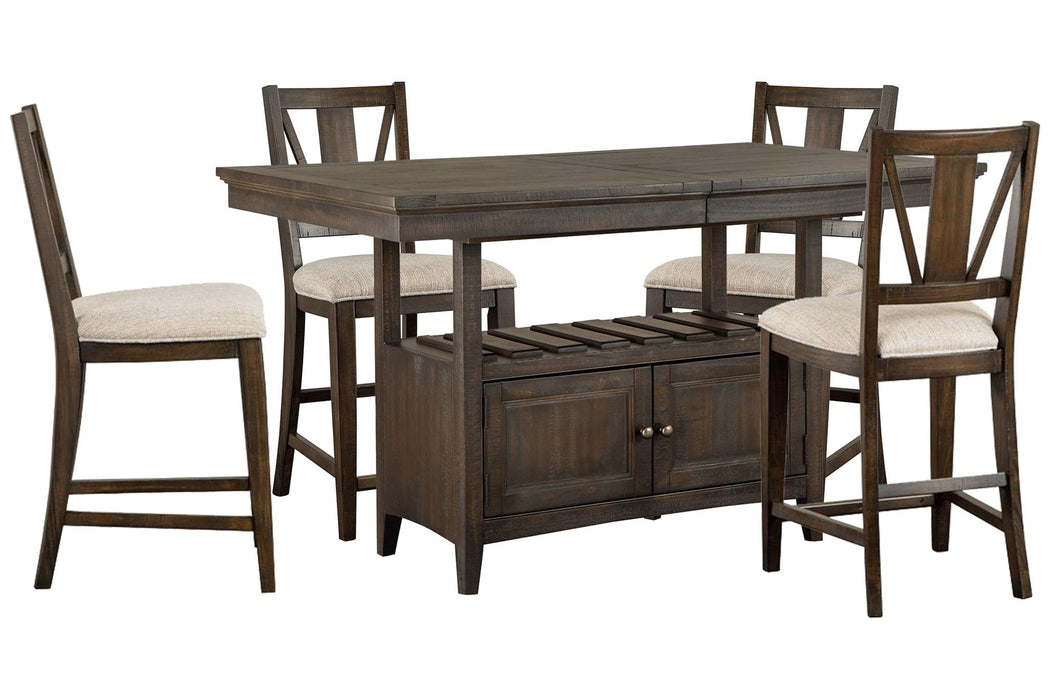 Westley Falls - Extendable Counter Height Dining Table With 4 Counter Chairs - Graphite / Beige