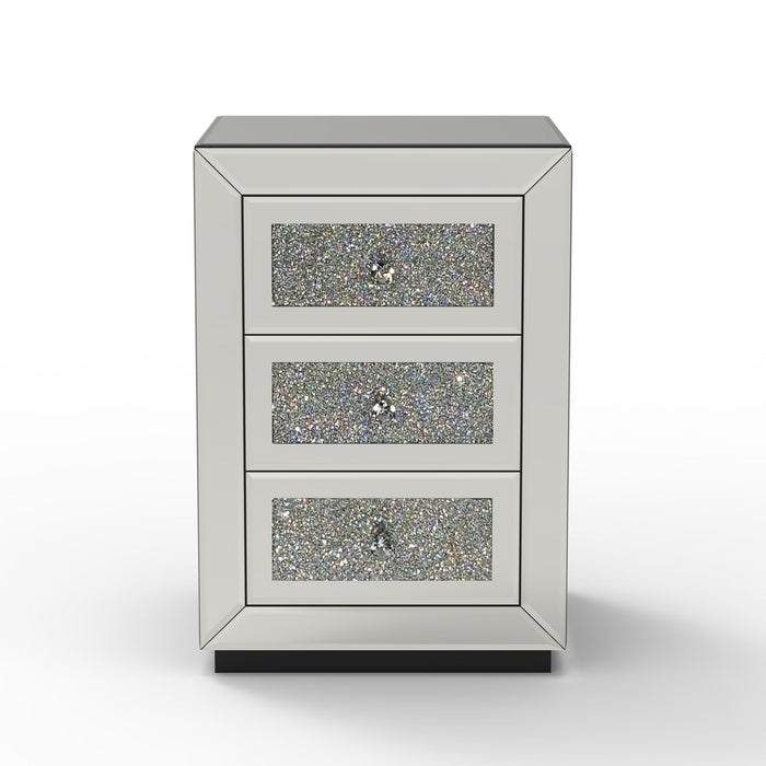 3 Drawer Nightstand With Glass Accents, Bedside Table For Bedroom - Silver