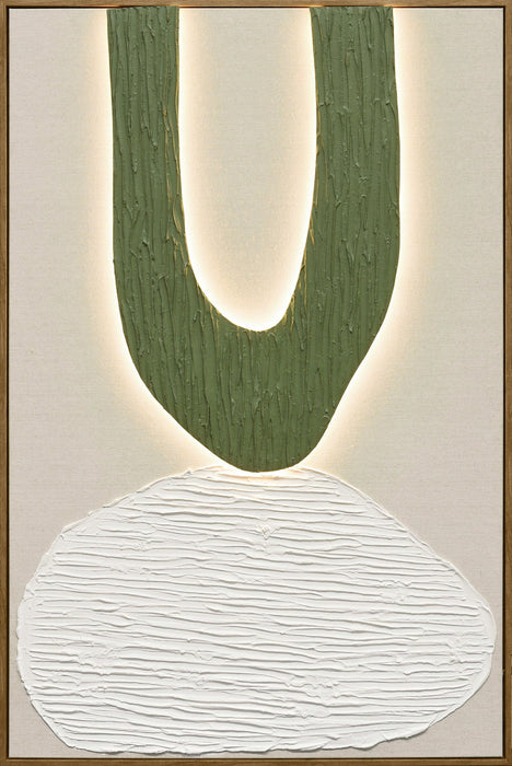 Mosslight Balance II - 32 X 47 - Hand-Painted Neon Canvas In Frame - Olive Green