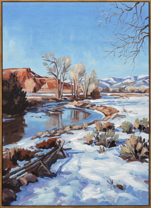 Snow Along The Mesa - 35 X 47 - Hand-Embellished Canvas In Frame - Blue, White, Brown